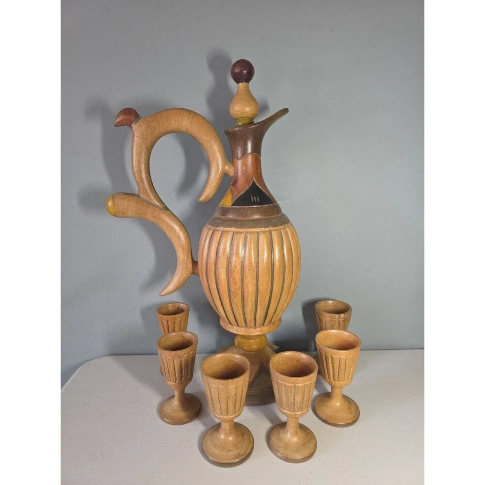 Retro Carved Turned Wood Cordial Decanter And 6 Cups Tiki Bar Barware Wine Large